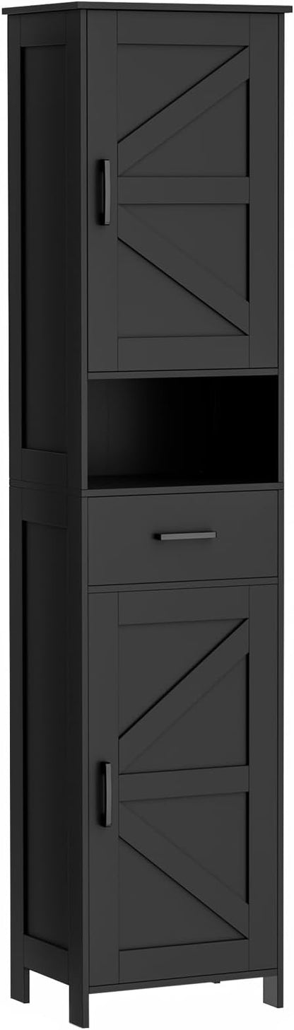 Homhedy 67" H Tall Bathroom Storage Cabinet with Barn Doors and Drawer | Narrow Storage Unit with Adjustable Shelves, Floor Cabinet for Bathroom, Living Room, Entryway or Kitchen, Black, 15.7" W