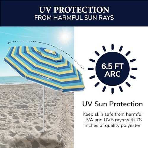 Caribbean Joe Beach Umbrella, Portable and Adjustable Tilt Sun Umbrella with UV Protection, Vented Canopy, Full 6.5 ft Arc