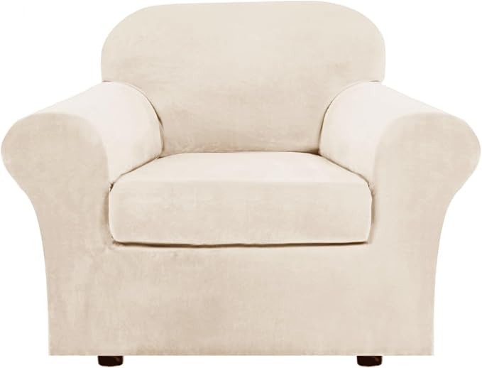 H.VERSAILTEX Rich Velvet Stretch 2 Piece Cover Chair Slipcover Sofa Cover Furniture Protector Couch Soft with Elastic Bottom Couch Cover Width Up to 49 Inch 85% Polyester 15% Spandex (Chair, Cream)