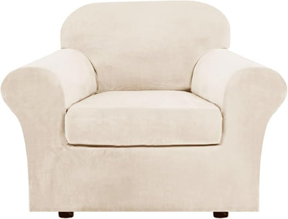 H.VERSAILTEX Rich Velvet Stretch 2 Piece Cover Chair Slipcover Sofa Cover Furniture Protector Couch Soft with Elastic Bottom Couch Cover Width Up to 49 Inch 85% Polyester 15% Spandex (Chair, Cream)