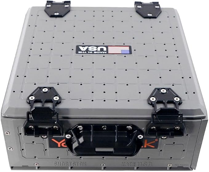 YakAttack ShortStak Solo Storage Box - Size & Color Options | Standalone Low-Profile Crate with Lid, Hinges & Latches | GridLoc Mounting Panels | Slider Feet for Under-Seat Use | Made in USA