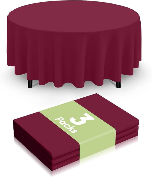 Smiry Disposable Table Cloth 3 Pack, 84 Inch Round Waterproof Plastic Tablecloth, Decorative Round Table Covers for Party, Birthday, Picnic, Wine Red