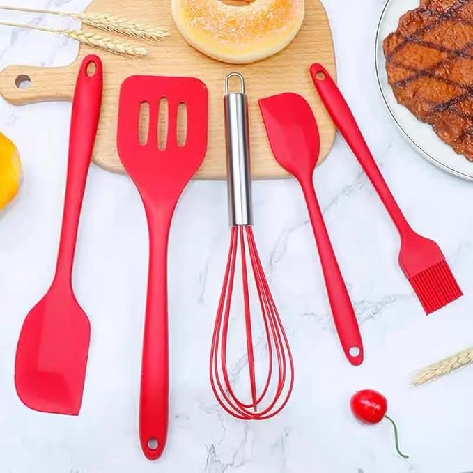 5-Piece Silicone Spatula Set with Egg Whisk & Basting Brush – Heat Resistant, Non-Stick, BPA-Free Kitchen Utensils for Cooking, Baking & Grilling – Dishwasher Safe – (Red, Black, Green, Pink) (Red)