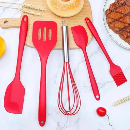5-Piece Silicone Spatula Set with Egg Whisk & Basting Brush – Heat Resistant, Non-Stick, BPA-Free Kitchen Utensils for Cooking, Baking & Grilling – Dishwasher Safe – (Red, Black, Green, Pink) (Red)