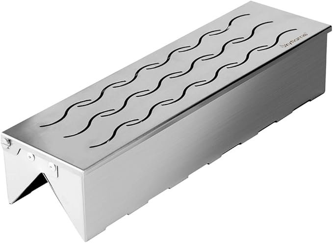 Skyflame Wood Chip Smoker Box, Stainless Steel Double V-shape BBQ Smoke Box with Hinged Lid for Charcoal & Propane Gas Grill, 12.5"(L) x 3.3"(W) x 2.5"(H), U.S. Design Patent