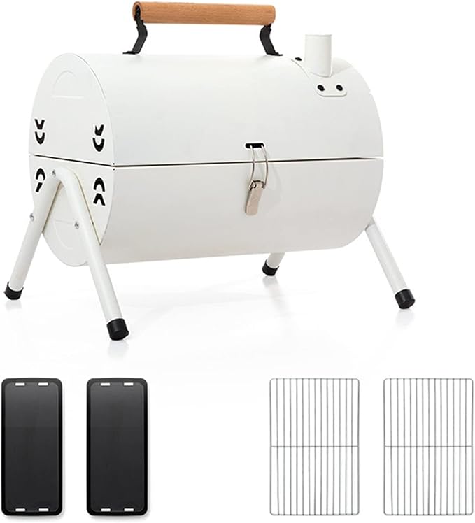 RiToEasysports Charcoal Barbecue Grill, Portable Double Sided Metal BBQ with Independent Carbon Groove and Wooden Handle, for Camping Picnics Parties Outdoor Home Use (White)