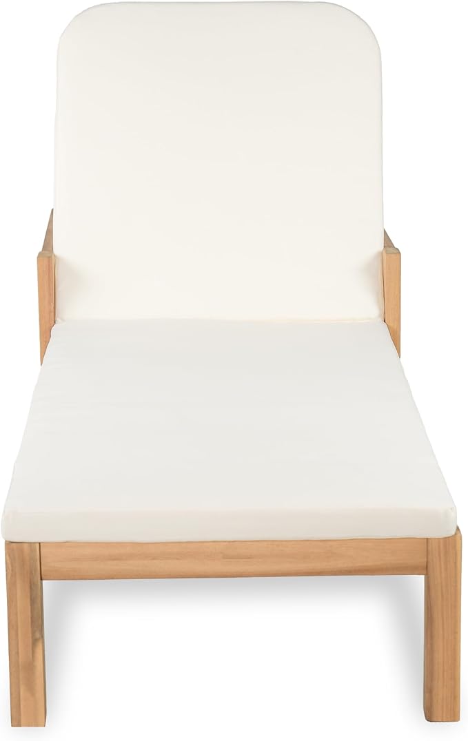 Christopher Knight Home Kayas Acacia Wood Chaise Lounge with Adjustable Backrest, 77.5" Outdoor Sun Lounger with Cushion, Modern Patio Lounger Recliner Chair for Poolside Lawn, Light Teak+Cream,1PCS