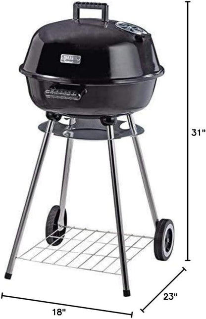 Omaha Charcoal Kettle BBQ Grill - 18” x 31” X 23” - 247 sq-in cooking surface - Cook 9+ burgers - Lid Hook - Stable 4 Leg Design - Heat Resistant Handles - Duals Vents - Ash Catcher