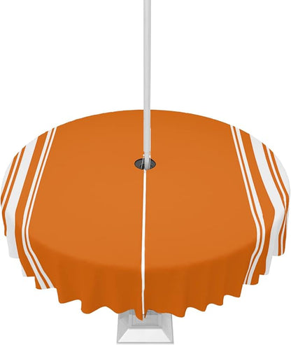 Queenker Fall Outdoor Tablecloth with Umbrella Hole, Farmhouse Orange White Stripe Round Tables Zippered Table Cloth Waterproof Tabletop Cover Collection for Patio, Garden, Picnic, Camping, Dining