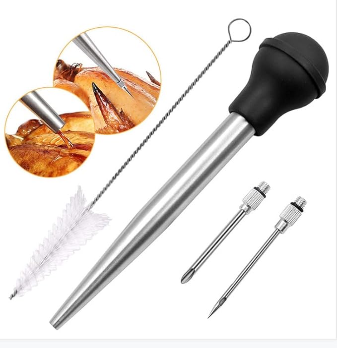 Turkey Baster, Stainless Steel Baster Syringe Meat Injector Baster Set with 2 Needles&2 Cleaning Basting Brush, 18/8 Steel Turkey Baster for Flavor Meat Poultry, Beef & Chicken Cooking Teal