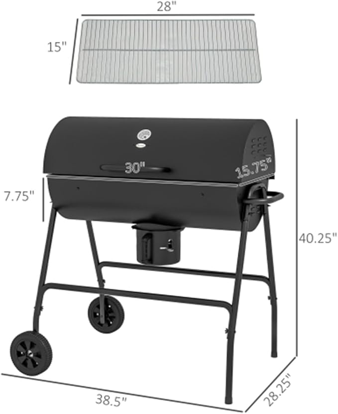 Portable Charcoal Grill with Wheels & Thermometer - Large 28" BBQ Grill for Outdoor Cooking, High Heat Resistant, Adjustable Vents & Ash Catcher - Perfect for Camping, Backyard, Patio
