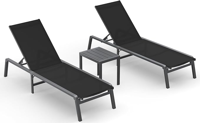 Ciokea Aluminum Foldable Lounge Chairs Set of 2 with 1 Outdoor Aluminum Side Table ，Perfect Match ，Suitable for Courtyard, Balcony, Lawn and Other Scenes，Black