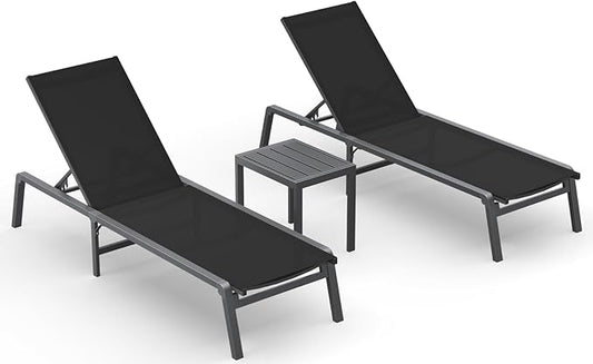 Ciokea Aluminum Foldable Lounge Chairs Set of 2 with 1 Outdoor Aluminum Side Table ，Perfect Match ，Suitable for Courtyard, Balcony, Lawn and Other Scenes，Black