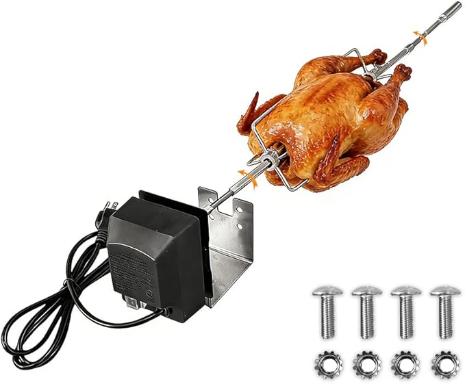 Universal BBQ Grill Rotisserie Kit with 110V-120V 4W Electric Motor for Most Gas Grills, Include 4-Prong Meat Forks and 5/16-Inch Adjustable-Length Square Spit Rods