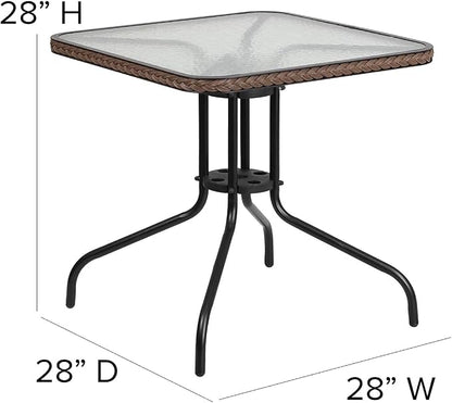 Flash Furniture Barker 28'' Square Tempered Glass Metal Table with Dark Brown Rattan Edging