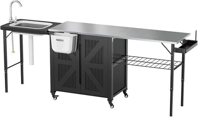 AECOJOY Outdoor Grill Cart Table with Sink, Portable Folding Outdoor Kitchen Island with Storage Cabinet, Stainless Steel Rolling Grill BBQ Food Prep Station with Wheels for Patio, Backyard