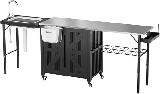 AECOJOY Outdoor Grill Cart Table with Sink, Portable Folding Outdoor Kitchen Island with Storage Cabinet, Stainless Steel Rolling Grill BBQ Food Prep Station with Wheels for Patio, Backyard