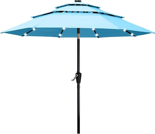 ABCCANOPY 3-Tiers 11FT Solar Patio Umbrella, Outdoor Umbrella with 32 LED Lights for for Deck, Pool, Garden, Backyard (Turquoise)