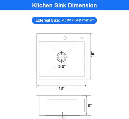 18 x 19 Inch Modern Drop In Kitchen Bar Sink, 304 Stainless Steel Black Single Bowl Topmount Sink, Nano Laundry RV Deep Workstation Sinks with Drain Strainer & Grid