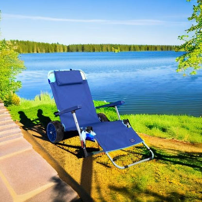 Mac Sports Beach Day Foldable Chaise Lounge Chair with Integrated Wagon Pull Cart Combination and Heavy Wheels - Perfect for Beach, Backyard, Pool or Picnic