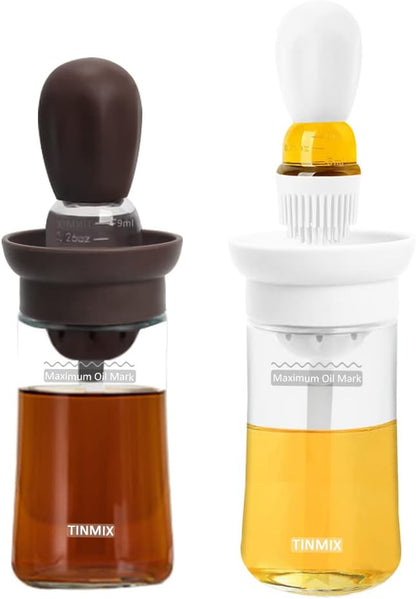 2 Pack Oil Dispenser with Brush - 2 IN 1 180ml Glass Olive Oil Dispenser Bottle with Basting Brush for Cooking Frying Kitchen, T-OB21S, Brown+White