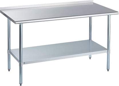 ROCKPOINT Stainless Steel Table for Prep & Work with Backsplash 30x60 Inches, NSF Metal Commercial Kitchen Heavy Duty Table with Adjustable Under Shelf and Table Foot for Restaurant, Home and Hotel