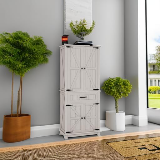 DWVO 72" Tall Farmhouse Pantry Cabinet, Kitchen Storage Pantry with Barn Doors & Drawer, Versatile Organizer with Adjustable Shelves, Rustic Cupboard for Dining Room, Living Room, White Oak | Tall Farmhouse Kitchen Pantry Cabinet, Kitchen Cupboard Vers...