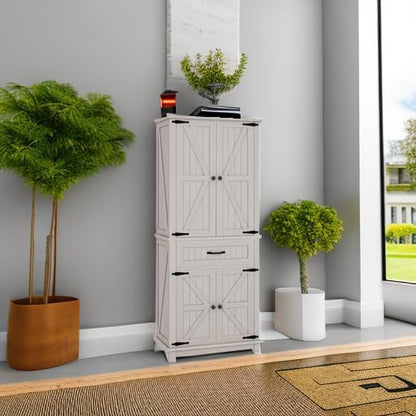 DWVO 72" Tall Farmhouse Pantry Cabinet, Kitchen Storage Pantry with Barn Doors & Drawer, Versatile Organizer with Adjustable Shelves, Rustic Cupboard for Dining Room, Living Room, White Oak | Tall Farmhouse Kitchen Pantry Cabinet, Kitchen Cupboard Vers...