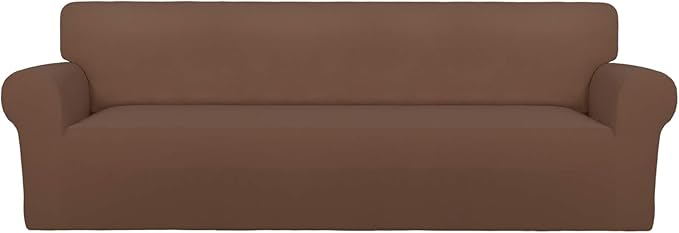 PureFit Stretch Couch Covers for Sofa 4 Seater Slipcovers Brown | 1-Piece Sofa Cover Washable Soft Couch protector, Couch Slipcover with Non Skid Foam and Elastic Bottom for Kids, Dogs
