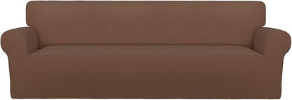 PureFit Stretch Couch Covers for Sofa 4 Seater Slipcovers Brown | 1-Piece Sofa Cover Washable Soft Couch protector, Couch Slipcover with Non Skid Foam and Elastic Bottom for Kids, Dogs