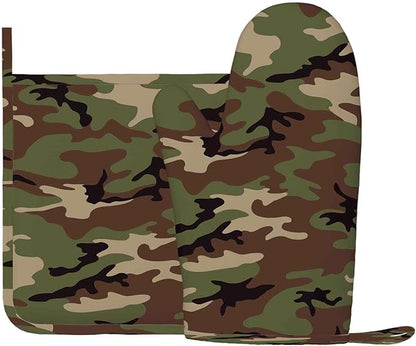 Mxocom Army Camouflage Oven Mitt and Pot Holder with Silicone Hunting Camo Green Hunter Heat Resistant Kitchen for Cooking BBQ Baking Grilling Spring/Summer