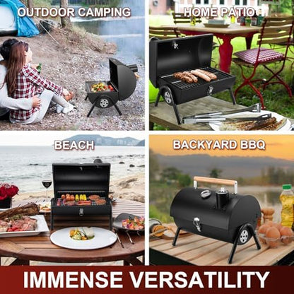 Joyfair Portable Charcoal Grill with Thermometer & Roasting Pan with Rack for Turkey Chicken, Small Tabletop Barbecue Grill for Outdoor Camping, Stainless Steel Roaster Pan and V-rack for Toaster Oven