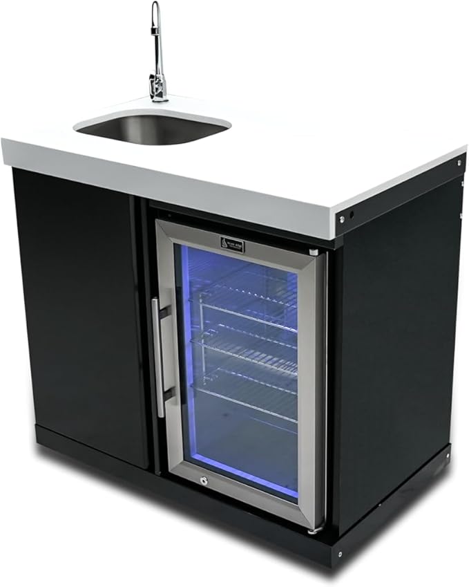 Mont Alpi Premium 38"W x 23"D x 46"H Black Stainless Steel Outdoor Beverage Center Module with 2.7 Cu. Ft. Glass Door Refrigerator + Faucet & Sink Combo + Storage Cabinet + White Granite Countertops