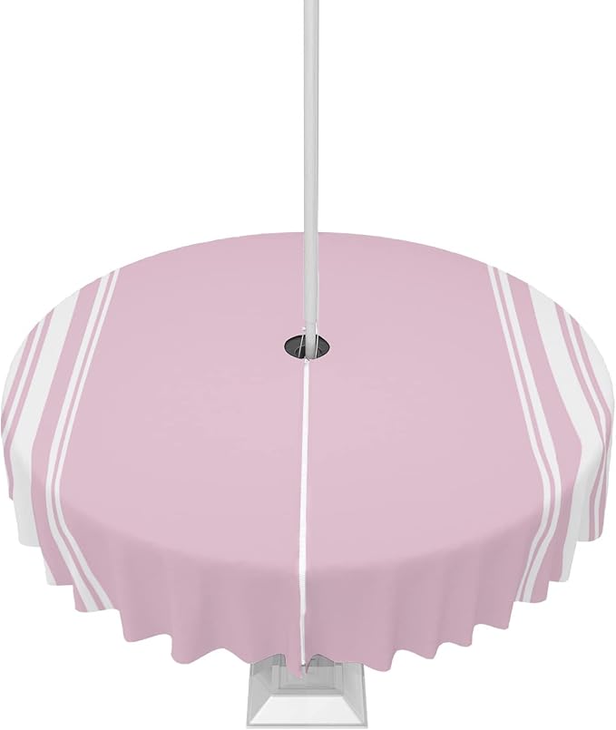 QueenKer Outdoor Tablecloth with Umbrella Hole, Farmhouse Pink White Stripe Round Tables Waterproof Tabletop Collection for Patio, Garden, Picnic, Camping, Dining 60R