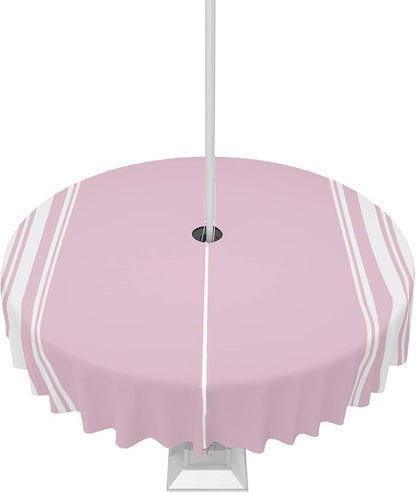 QueenKer Outdoor Tablecloth with Umbrella Hole, Farmhouse Pink White Stripe Round Tables Waterproof Tabletop Collection for Patio, Garden, Picnic, Camping, Dining 60R