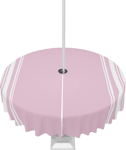 QueenKer Outdoor Tablecloth with Umbrella Hole, Farmhouse Pink White Stripe Round Tables Waterproof Tabletop Collection for Patio, Garden, Picnic, Camping, Dining 60R