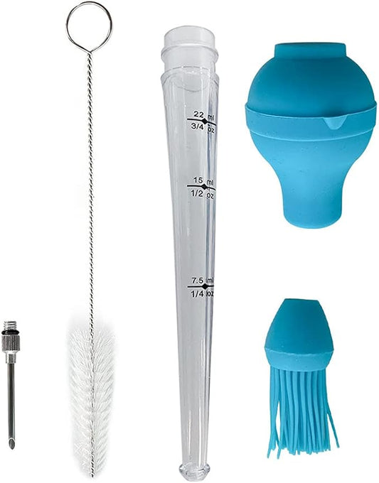BBQ Turkey Baster With Measurement Baster Syringe with Cleaning Brush and Marinade Needles for Marinating Beef, Pork, Fish (blue)
