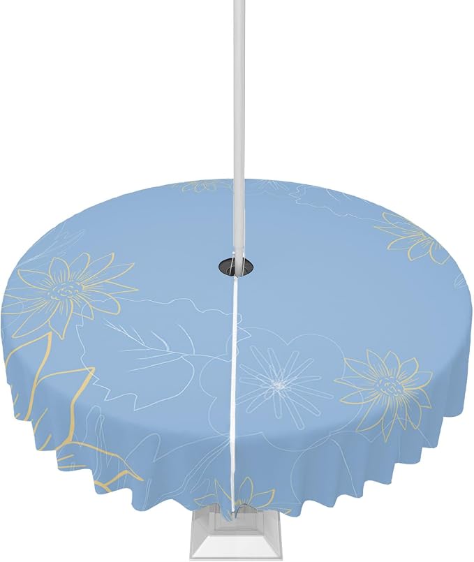 QueenKer Outdoor Tablecloth with Umbrella Hole, Minimalist Lines Leaves Flowers Blue Round Tables Waterproof Tabletop Collection for Patio, Garden, Picnic, Camping, Dining 60R