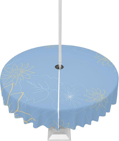 QueenKer Outdoor Tablecloth with Umbrella Hole, Minimalist Lines Leaves Flowers Blue Round Tables Waterproof Tabletop Collection for Patio, Garden, Picnic, Camping, Dining 60R