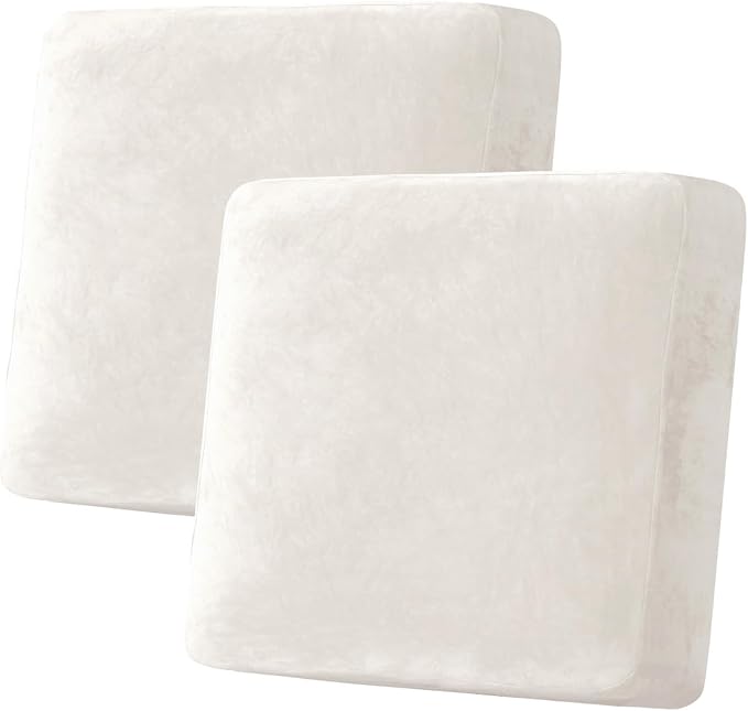 H.VERSAILTEX Velvet Stretch Couch Cushion Cover Plush Cushion Slipcover for Chair Loveseat Sofa Cushion Furniture Protector Seat Cushion Sofa Cover (2 Piece Large Sofa Cushion Covers, Porcelain White)
