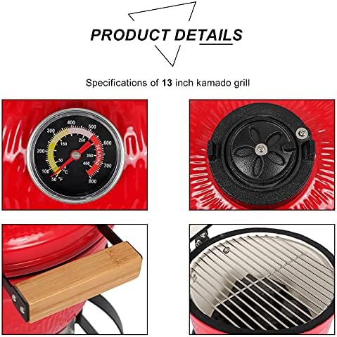 Portable Charcoal Grill 13in - Heavy-Duty Outdoor BBQ with Thermometer & Doors, Perfect for Camping, Beach, Garden, Patio & Backyard - Black