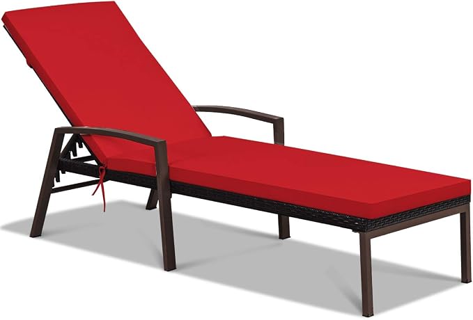 Tangkula Patio Rattan Lounge Chair, Outdoor Reclining Chaise with Cushion and Armrest, Wicker Sun Lounger with Adjustable Backrest for Garden, Balcony, Poolside (1, Red)