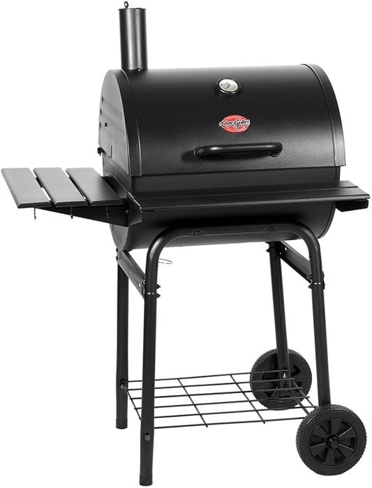 Char-Griller® Wrangler® Charcoal Grill in Black with Metal Shelves, EasyDump™ Ash Pan, Premium Wood Front and Side Shelves with Utensil Hooks, 640 Cooking Square Inches in Black, Model 2823