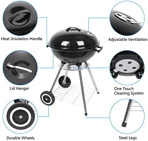 18" Portable Charcoal Grill - Heavy-Duty Outdoor BBQ with Thermometer & Dual Doors, Perfect for Camping, Beach, Garden, Patio & Backyard - Black Finish