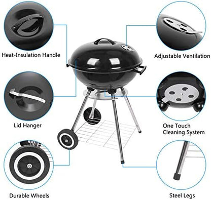 18" Portable Charcoal Grill - Heavy-Duty Outdoor BBQ with Thermometer & Dual Doors, Perfect for Camping, Beach, Garden, Patio & Backyard - Black Finish
