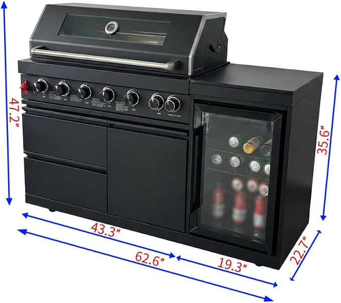 63 Inch Outdoor Kitchen Island, 6-Burner 85000 BTU Propane Stainless Steel BBQ with Side/Rear Burners, With Fridge, Storage, For Backyard BBQ