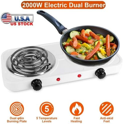 2000W Electric Double Burner, Portable Coil Heating Hot Plate Stove, Countertop Cooker with 5 Temperature Adjustments & Non Slip Rubber Feet for RV Kitchen (white)