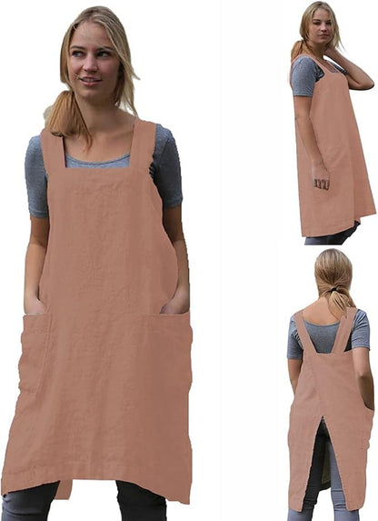 TBA Cotton Linen Apron Cross Back Apron for Women with Big Pockets Square Pinafore Dress for Baking Cooking BBQ & Grill