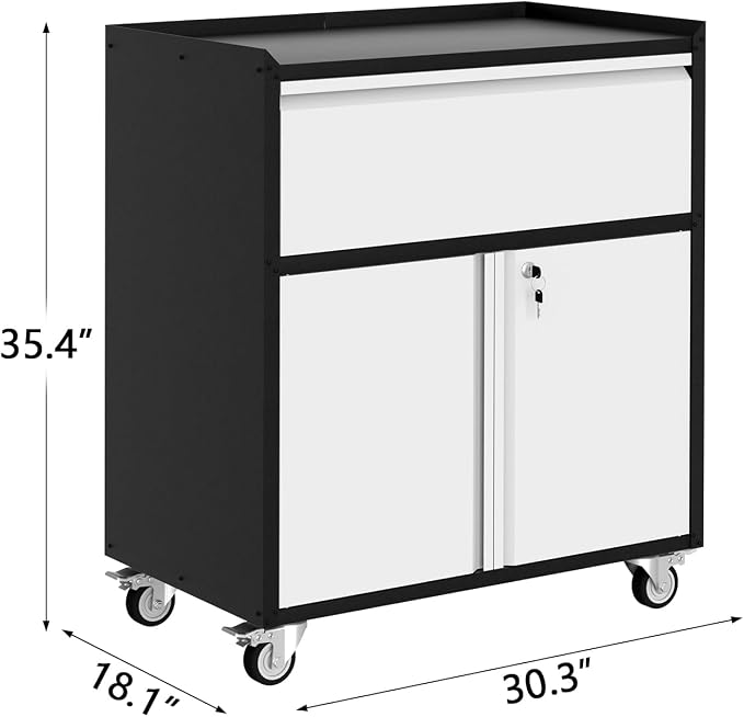 GarveeHome Garage Tool Storage Cabinet, Heavy Duty Metal Rolling Cabinet with Drawer, Adjustable Shelf, Lock & 4 Wheels, Tool Cart for Home Office Workshop, Grey