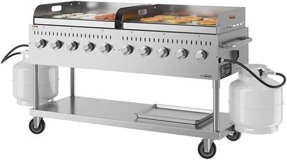 Pemberly Row 72" Stainless Steel Commercial Outdoor Propane Grill – 10 Burners, Dual Griddles, Heavy Duty BBQ Gas Grill